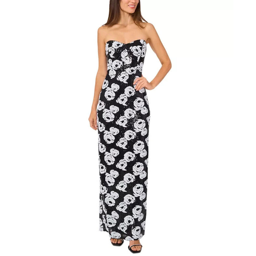 CeCe Maxi Dress Women's Black Floral Stretch Sequin Back Slit Sleeveless FTS1315